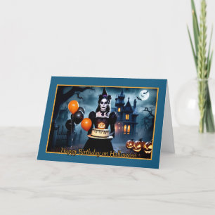 Cartes Pour Fêtes Annuelles Sorcière gothique avec gâteau - Anniversaire Hallo