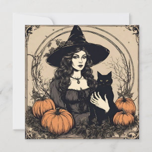 Cartes Pour Fêtes Annuelles Sorcière Halloween vintage avec chat noir, citroui