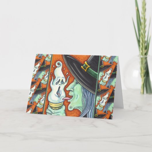 CARTES POUR FÊTES ANNUELLES SORCIÈRE MANGEANT UN CÔNE DE GLACE QUI CRIE, HALLO (Devant)