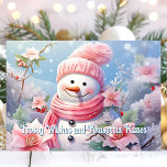 Cartes Pour Fêtes Annuelles Souhaits froids et Poinsettia Baisers Snowman<br><div class="desc">Envoyez des salutations de vacances chaleureuses avec cette carte de charme avec un bonhomme de neige joyeux, empli d'un foulard rose, entouré de jolies poinsettias roses. Le doux message "Souhaits Frosty et Baisers Poinsettia" ajoute une touche fantaisiste et festive, parfaite pour répandre la joie aux amis et à la famille...</div>