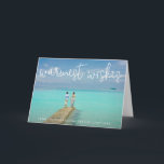 Cartes Pour Fêtes Annuelles Souhaits les plus chauds Elegance Beach Photo Noël<br><div class="desc">Envoyez des réjouissances de vacances avec cette carte de Noël à thème nautique pliée avec un design simple avec les mots "souhaits les plus chauds" dans un élégant script blanc mince, avec votre message sur votre photo de vacances horizontale préférée de plage. Ajoutez votre message personnel à l'intérieur ou supprimez...</div>