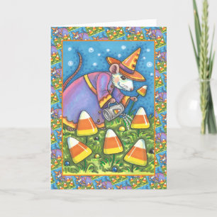 CARTES POUR FÊTES ANNUELLES SOURIS BLANC DANS JARDIN DE CANDY CORN, COLORÉ & C