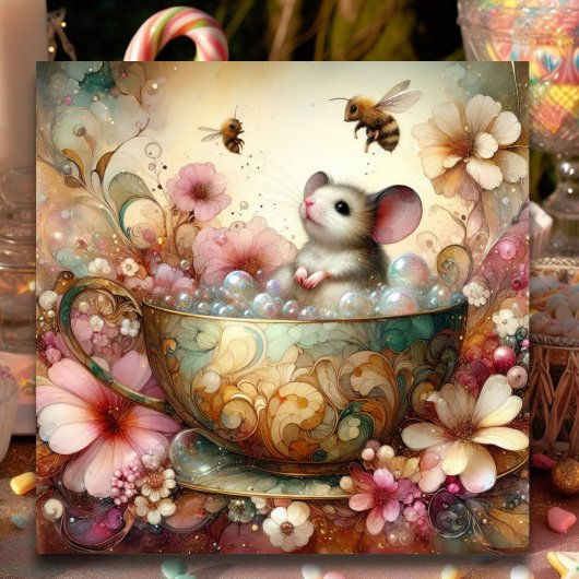 Cartes Pour Fêtes Annuelles Souris Cute Dans Tea Aquarelle Florale Pâques