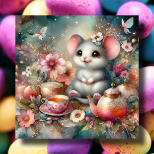 Cartes Pour Fêtes Annuelles Souris d'aquarelle gaie Floral Pâques Tea Party