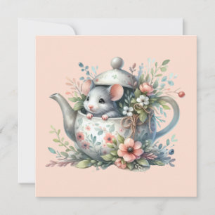 Cartes Pour Fêtes Annuelles Souris mignonne en théière florale Illustration