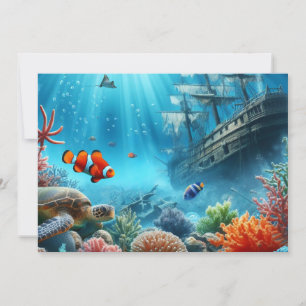 Cartes Pour Fêtes Annuelles Sous la mer, tortue, corail, bateau, poisson clown