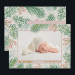 Cartes Pour Fêtes Annuelles Soyez Joyeux Noël Photo Annonces de naissance<br><div class="desc">Les annonces de naissance pour les fêtes de fin d'année sont agrémentées de votre photo préférée de nouveau-né avec une bordure de pins et de baies, le nom de votre bébé, les statistiques de naissance et les noms des parents dans n'importe quelle police et couleur de police. Changez la couleur...</div>