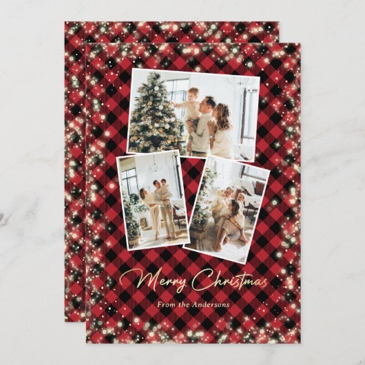 Cartes Pour Fêtes Annuelles Sparkle Red Plaid Parties scintillant photo Joyeux (Devant / Derrière)