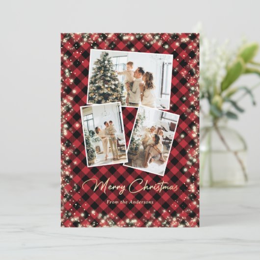 Cartes Pour Fêtes Annuelles Sparkle Red Plaid Parties scintillant photo Joyeux (Debout devant)