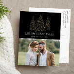 Cartes Pour Fêtes Annuelles Sparkling Winter Pine Black Merry Christmas<br><div class="desc">Modern & elegant holiday postcard featuring your photo complimented by a snowy faux gold foil pine tree with a black background (or color of your choice). "Merry Christmas" is displayed in a white, modern f font with your name or custom text below. The photo holiday postcard reverses to display your...</div>