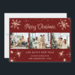 Cartes Pour Fêtes Annuelles Sparkly rouge Flocon de neige Collage photo<br><div class="desc">Joli collage photo rouge Joyeux Noël et Bonne Année carte avec des flocons de neige et des étoiles sur le devant et la chute de neige à l'arrière. Personnalisez facilement cette carte de vacances élégante avec vos photos et texte.</div>
