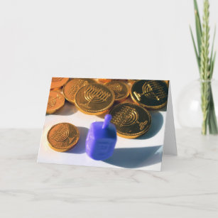 Cartes Pour Fêtes Annuelles Spinning Dreidel with Gelt (chocolate coins)