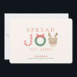 Cartes Pour Fêtes Annuelles Spread JOY Reindeer Mask White Christmas<br><div class="desc">This cute and funny "spread joy not germs" christmas/holiday card features a word " joy " with a candy cane, greenery wreath with ribbon, and red-nosed reindeer with mask on cream white background. The reverse side features red and yellow green candy cane diagnol stripes. Personalize it for your needs. You...</div>