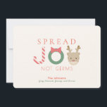 Cartes Pour Fêtes Annuelles Spread JOY Reindeer Mask White Christmas<br><div class="desc">This cute and funny "spread joy not germs" christmas/holiday card features a word " joy " with a candy cane, greenery wreath with ribbon, and red-nosed reindeer with mask on cream white background. The reverse side features red and yellow green candy cane diagnol stripes. Personalize it for your needs. You...</div>