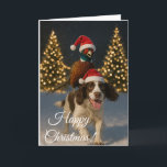 Cartes Pour Fêtes Annuelles Springer Spaniel and Pheasant Christmas card<br><div class="desc">Celebrate the festive season with a whimsical twist! Humorous Christmas card featuring a pheasant and Springer Spaniel in an apparent truce over the Christmas period! The pheasant is riding the spaniel in a snowy scene with Christmas trees twinkling in the background. Designed with dog lovers, working gundog owners, springer spaniel...</div>