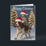 Cartes Pour Fêtes Annuelles Springer Spaniel gundog & Partridge Christmas card<br><div class="desc">Humorous Christmas card featuring a Partridge and Springer Spaniel in an apparent truce over the Christmas period! The pheasant is riding the springer spaniel in a snowy scene with Christmas trees twinkling in the background. You can easily personalise the text to your heart's content! Also available as an instant download....</div>
