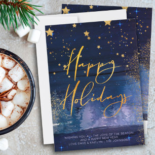 Cartes Pour Fêtes Annuelles Starry Winter Night Joyeuses Vacances Bleu et Or