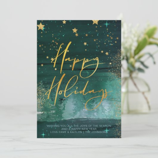Cartes Pour Fêtes Annuelles Starry Winter Night Joyeuses Vacances Vert Or (Debout devant)