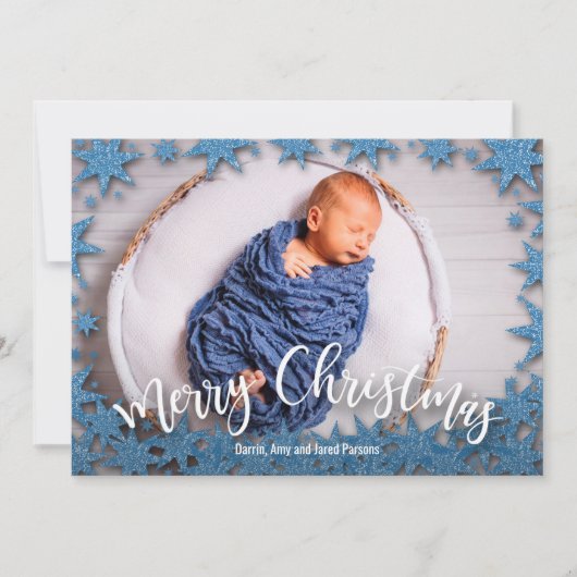 Cartes Pour Fêtes Annuelles Stars Blue Faux Parties scintillant Photo de Noël (Devant)