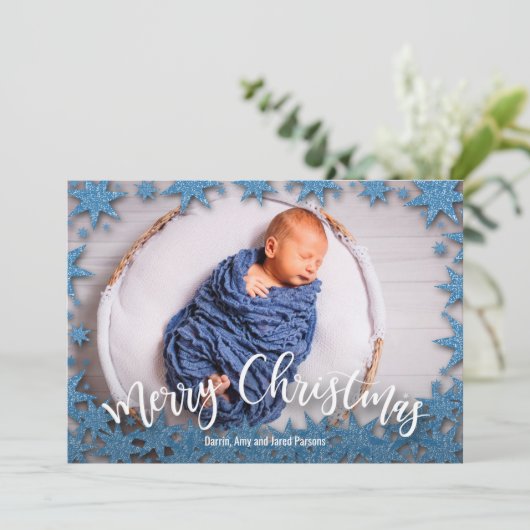 Cartes Pour Fêtes Annuelles Stars Blue Faux Parties scintillant Photo de Noël (Debout devant)