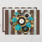Cartes Pour Fêtes Annuelles Steampunk Clock and Turquoise Roses on Striped (Devant / Derrière)