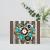 Cartes Pour Fêtes Annuelles Steampunk Clock and Turquoise Roses on Striped (Debout devant)