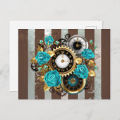 Cartes Pour Fêtes Annuelles Steampunk Clock and Turquoise Roses on Striped (Devant / Derrière)