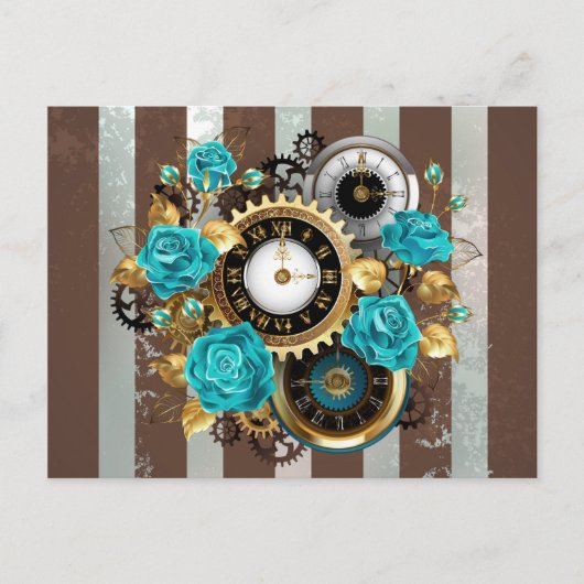 Cartes Pour Fêtes Annuelles Steampunk Clock and Turquoise Roses on Striped (Devant)