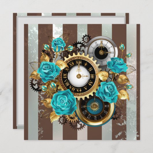 Cartes Pour Fêtes Annuelles Steampunk Clock and Turquoise Roses on Striped (Devant / Derrière)