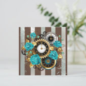 Cartes Pour Fêtes Annuelles Steampunk Clock and Turquoise Roses on Striped (Debout devant)
