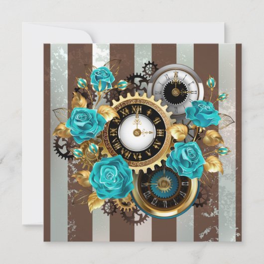 Cartes Pour Fêtes Annuelles Steampunk Clock and Turquoise Roses on Striped (Devant)