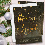Cartes Pour Fêtes Annuelles Stress Winter Night Joyeux et Bright Gold Script<br><div class="desc">Étoile nuit d'hiver Joyeuse et brillante carte de Noël avec élégante calligraphie en écriture or. Ce design chic et moderne allie des touches d'aquarelle, des étoiles dorées, un éclat d'étoile, de la poussière d'or et une forêt brumeuse. Il est écrit à la main avec Merry & Bright et le modèle...</div>