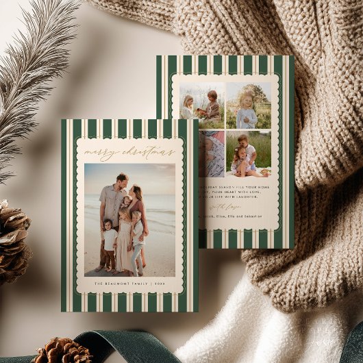 Cartes Pour Fêtes Annuelles Striped and Scalloped Christmas Card with Photo