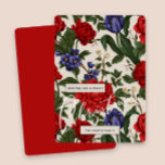 Cartes Pour Fêtes Annuelles Style Botanique RougeJoyeux Noël Floral Script<br><div class="desc">Belle carte de voeux de Noël à look vintage imprimé floral avec de jolies fleurs botaniques rouges et bleues, avec des feuilles verdoyants sur un arrière - plan taupe, et avec un dos rouge vif de la carte. Un simple accueil de Noël avec un élégant script blanc et votre nom...</div>