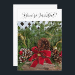 Cartes Pour Fêtes Annuelles Succursales À feuillage persistant de pin de Noël<br><div class="desc">Invitation de Noël. Festive pince à aiguilles de pin à feuillage persistant avec cônes de pin,  bois rond et arc rouge,  cloche dorée et baies rouges. Backside a des détails de fête. Élégante typographie en noir,  rouge et vert. Photographie originale Design par TamiraZDesigns.</div>