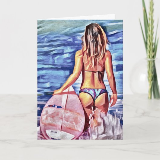 CARTES POUR FÊTES ANNUELLES SURFER GIRL BIKINI G-STRING BLANK CARD (Devant)