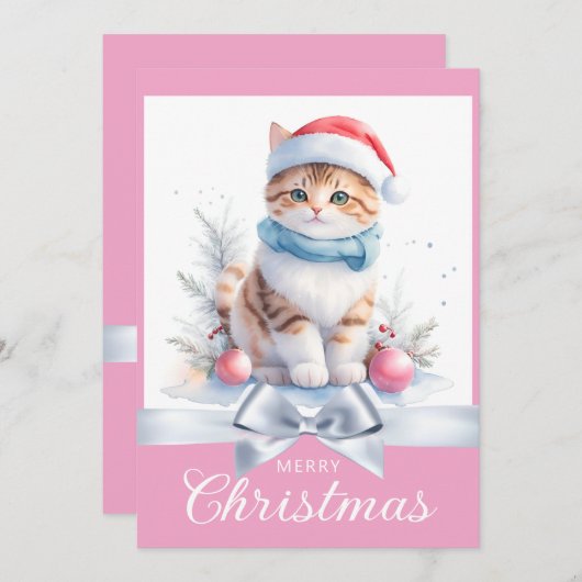 Cartes Pour Fêtes Annuelles Sweet rose mignon Noël Chat Noël Noël Salutation (Devant / Derrière)