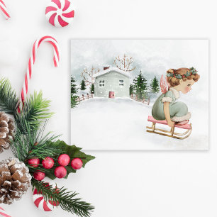 Cartes Pour Fêtes Annuelles Sweet Vintage Ange de Noël sur traîneau rose