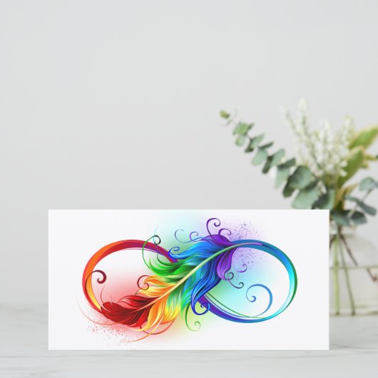 Cartes Pour Fêtes Annuelles Symbole d'infini avec plume arc-en-ciel (Debout devant)