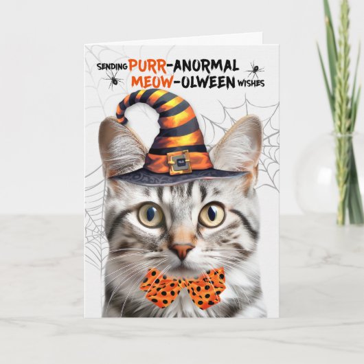 Cartes Pour Fêtes Annuelles Tabby Argent Chat PURRanormal MEOWolween (Devant)