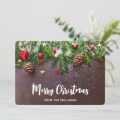 Cartes Pour Fêtes Annuelles Table de Noël rustique avec pin et neige (Debout devant)