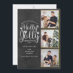 Cartes Pour Fêtes Annuelles Tableau photo Holly Jolly Chalkboard 3<br><div class="desc">Un élégant design de vacances de tableau photo 3 Holly Jolly pour que vous puissiez le personnaliser avec vos photos préférées dans des cadres dorés, message, noms et année sur un fond de tableau noir. Le verso présente des flocons de neige qui tombent sur un fond de tableau noir assorti....</div>