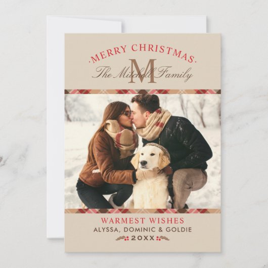 Cartes Pour Fêtes Annuelles Tartan beige rustique Plaid Monogramme de Noël Pho (Devant)