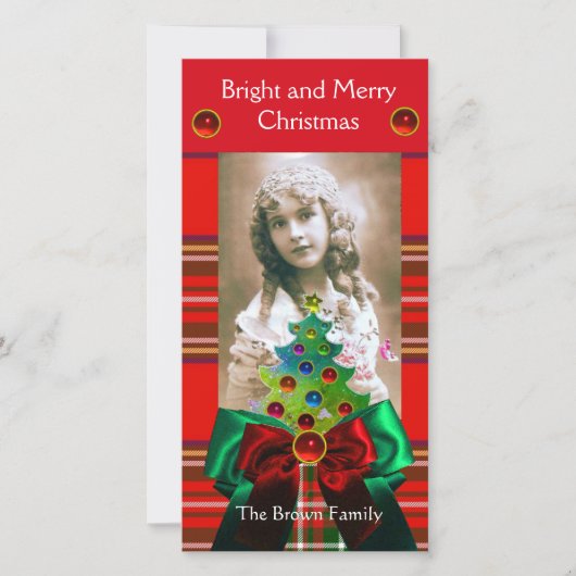 CARTES POUR FÊTES ANNUELLES TARTAN ÉCOSSAIS, ARBRE DE NOËL ET BOIS VERT ROUGE (Devant)
