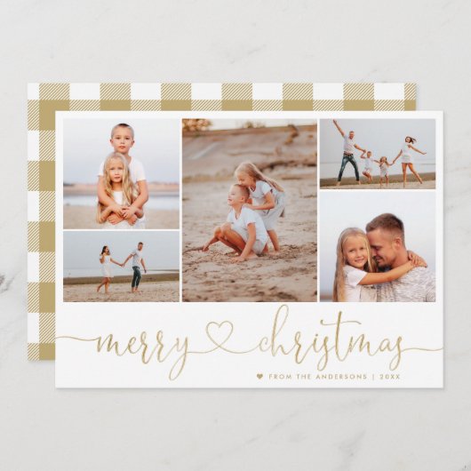 Cartes Pour Fêtes Annuelles Tartan Gold Joyeux Noël Script 5 Photo Collage (Devant / Derrière)