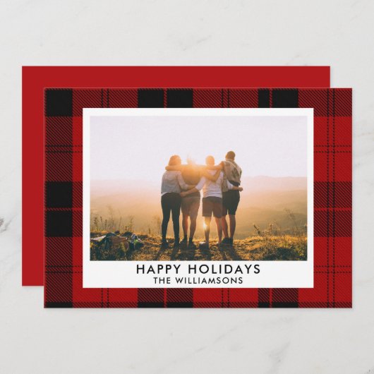 Cartes Pour Fêtes Annuelles Tartan noir rouge Nom personnalisé Message photo (Devant / Derrière)