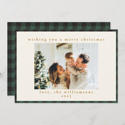 Cartes Pour Fêtes Annuelles Tartan noir vert classique Plaid 1 photo Joyeux (Devant / Derrière)