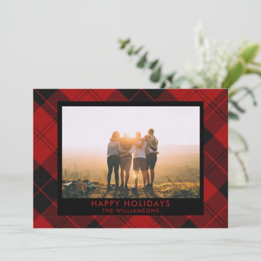 Cartes Pour Fêtes Annuelles Tartan Rouge Noir Nom Personnalisé Photo Message (Debout devant)