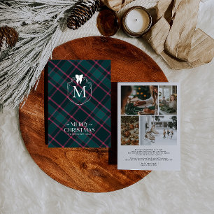 Cartes Pour Fêtes Annuelles Tartan vert et rose Coquette Bow Monogramme Phot