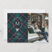 Cartes Pour Fêtes Annuelles Tartan vert et rose | Monogramme de coquette Bow (Devant)